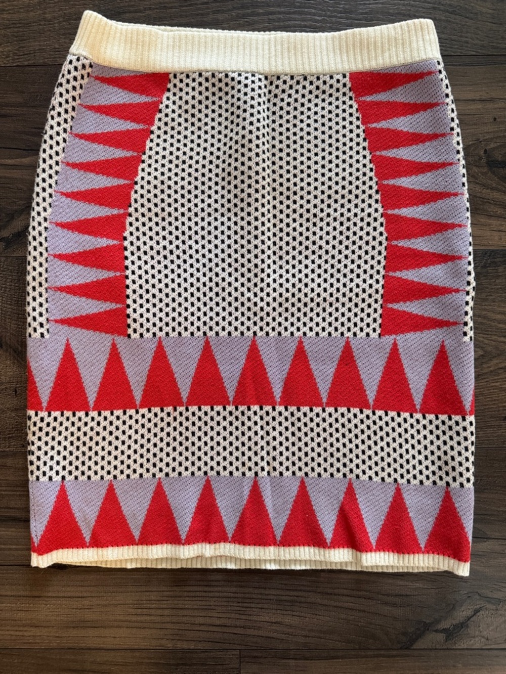 English Factory Colorblock Geometric Pencil Skirt in Red, Lavender & Cream